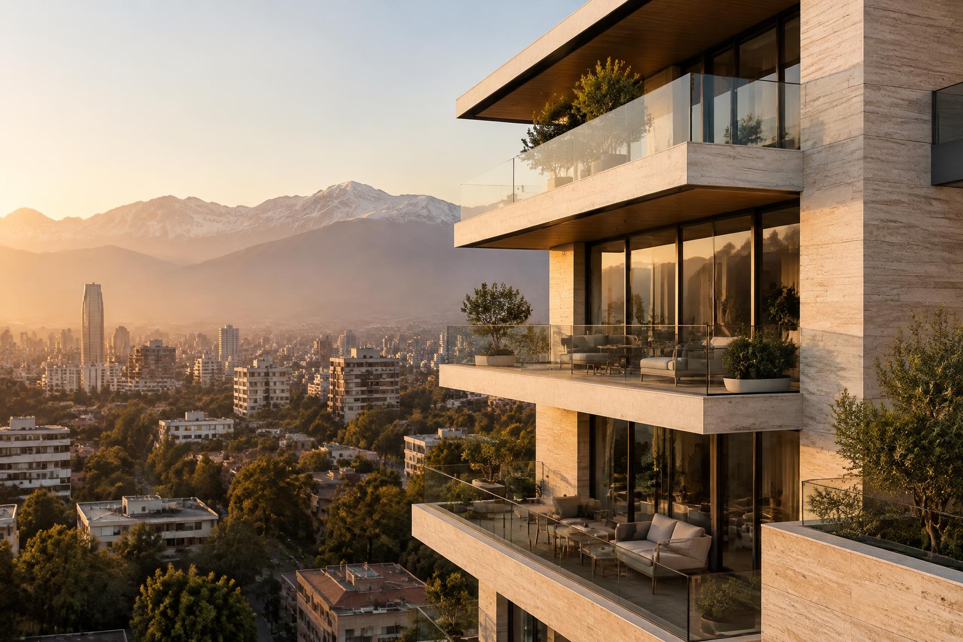 Edificio residencial en Santiago con vista a la cordillera al atardecer